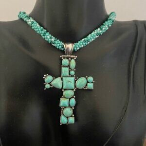 Vintage Sterling Silver & Turquoise Cross Pendant Beaded Necklace